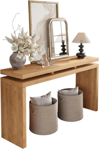Vista 7 de Mesa de entrada de madera retro de 60 pulgadas, mesa consola de granja natural con diseño de suspensión de doble tablero para sala de estar, fácil