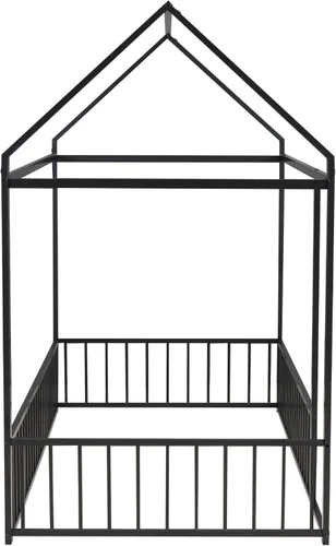 Vista 7 de HAUSHECK Montessori Cama para niños pequeños, cama de piso tamaño individual para niños y niñas, camas Montessori con rieles y techo, marco de cama