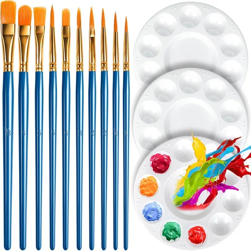 Vista 8 de FANDAMEI Juego de paletas redondas de pintura y pinceles de pintura, 3 paletas de pintura de plástico, 10 pinceles de pintura acrílica, pinceles