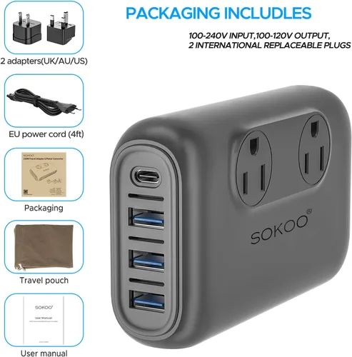 Vista 6 de SOKOO Convertidor de voltaje de 220 V a 110 V, adaptador de viaje universal internacional, 4 puertos USB (1 USB C) convertidor de corriente reductor