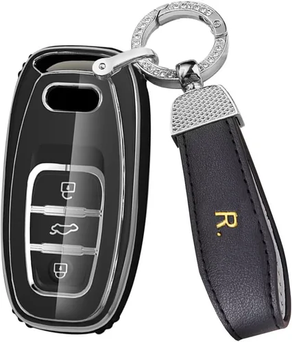 Vista 14 de ontto Funda para llavero compatible con Audi Q5 SQ5 Q3 Q7 Q8 A3 A4 A5 A6 A7 llavero remoto sin llave, carcasa brillante con borde plateado negro