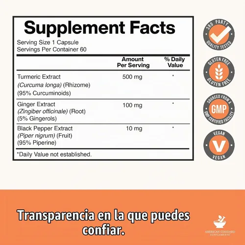 Vista 2 de American Standard Supplements Extracto de cúrcuma – Curcumina 95% con extracto de raíz de jengibre y extracto de pimienta negra – 60 cápsulas