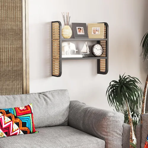 Vista 4 de Estante de ratán de 2 niveles, estantería de ratán negro montado en la pared, estante de exhibición tejido hecho a mano, estantes decorativos