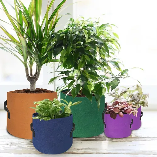 Vista 6 de HAOWIN Paquete de 7 bolsas de cultivo coloridas de 14.11 oz más gruesas, macetas de tela de 10 galones, 7 galones, 5 galones, 3 galones, paquete