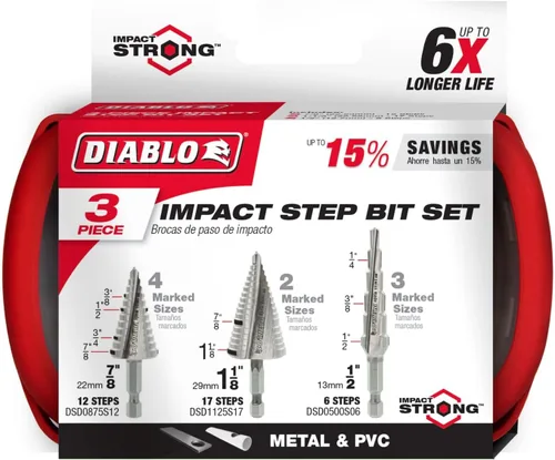 Vista 2 de Diablo Impact Strong Step - Juego de brocas de perforación rápida y precisa en metales finos, plástico y acero, punta de punto dividido, diseño