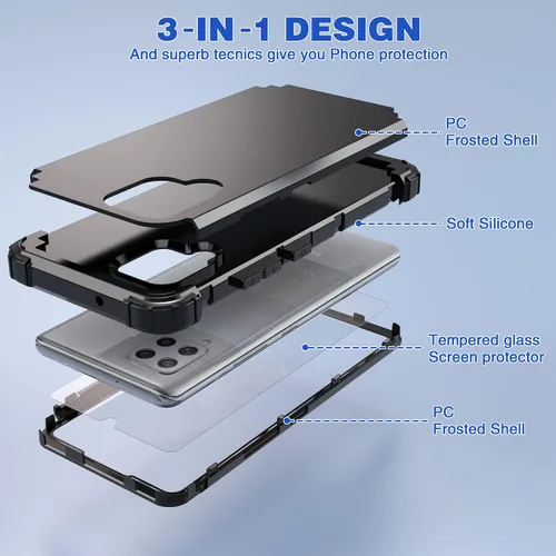 Vista 8 de IDweel Funda para Galaxy A42 5G con protector de pantalla de vidrio templado, híbrida 3 en 1, a prueba de golpes, resistente, cubierta de Negro