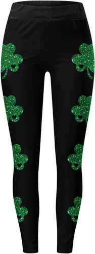 Vista 3 de soighxzc Leggings del día de San Patricio para mujer, con hojas de trébol, pantalones verdes, ajustados, con control de abdomen, pantalones de yoga