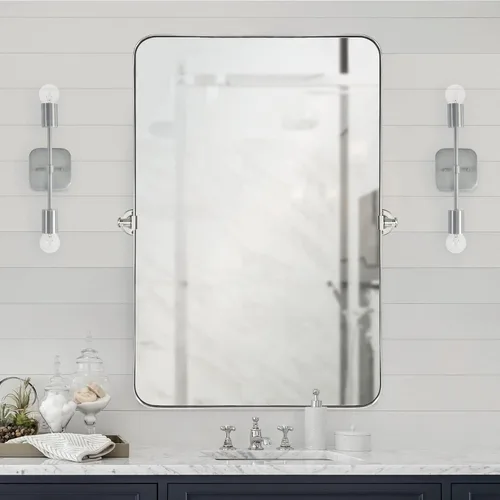 Vista 7 de TEEBARN Espejo de baño rectangular pivotante con marco de níquel cepillado de 20 x 30 pulgadas, espejo de tocador rectangular redondeado inclinable