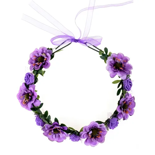 Vista 2 de June Bloomy Diadema de halo de novia con corona de hojas de rosas con cinta ajustable (morado)