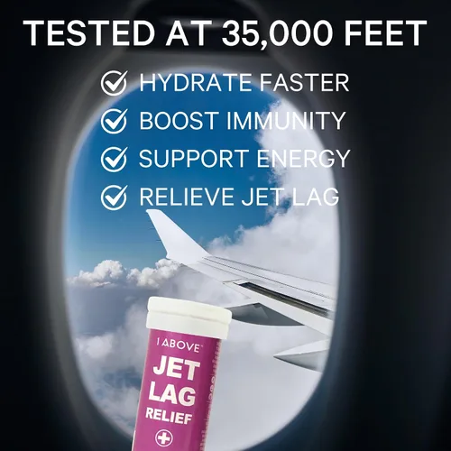 Vista 2 de 1Above Jet Lag Relief Tablets - Multivitamínico efervescente con sabor a bayas con Pycnogenol Suplemento de viaje para hidratación, energía, apoyo