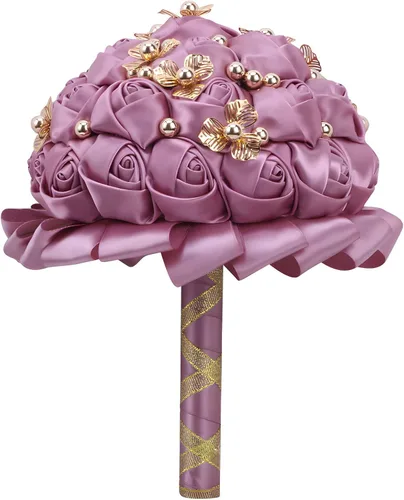 Vista 8 de Ramo de boda de 7 pulgadas, ramo de flores de satén para dama de honor, botón dorado, ramo de flores artificiales para bodas en interiores Negro