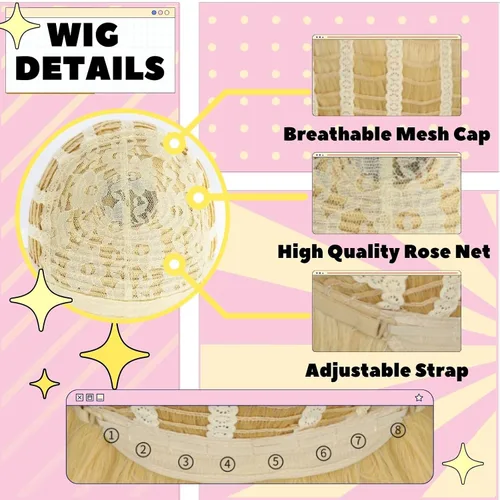 Vista 6 de JoneTing 9 piezas de peluca rubia de princesa para cosplay+ gorro de pelo + juego de accesorios de princesaPeluca rubia melocotón príncipes disfraz