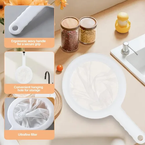 Vista 3 de Colador de malla de nailon ultrafino, mini colador de cocina para café, leche, yogur, jugo, mango antideslizante y agujero para colgar (malla 120)