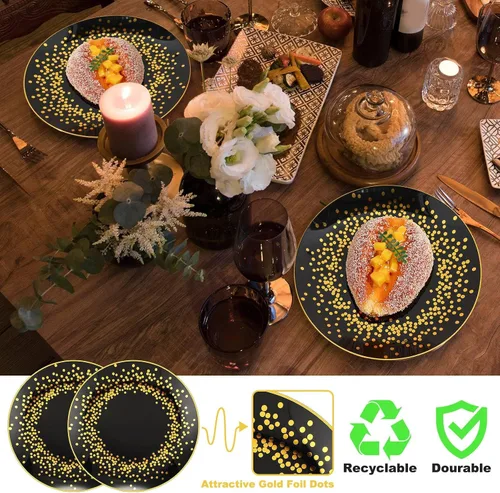 Vista 3 de Hsei 100 platos de plástico negros y dorados a granel desechables para Halloween, platos redondos de postre para cenas, bodas, cumpleaños, Navidad