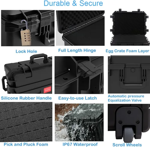 Vista 5 de Regetek Funda rígida impermeable, 27 x 20 x 13 pulgadas, funda rígida con ruedas, mango retráctil para cámara, dron, herramienta, electrónica, a