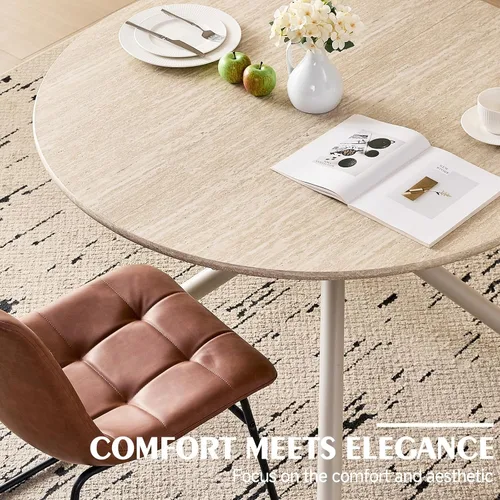 Vista 3 de Juego de mesa de comedor redonda de 47 pulgadas para 4, mesa redonda moderna de cocina, patas cruzadas de metal recubierto con 4 sillas de comedor
