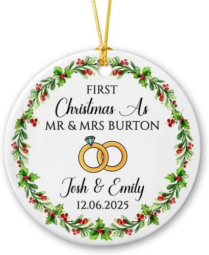 Vista 15 de Adorno personalizado de Navidad, aniversario de boda, aniversario de 2025, adornos de cerámica de Navidad para parejas, esposo, esposa, adorno