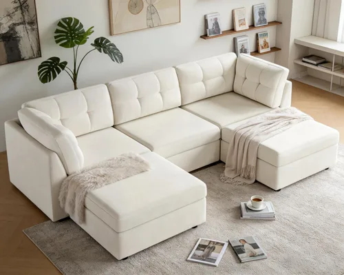 Vista 16 de VANOMi Sectional L-Shaped Sofa for Living Room, Modualr Sofa Couch, Beige