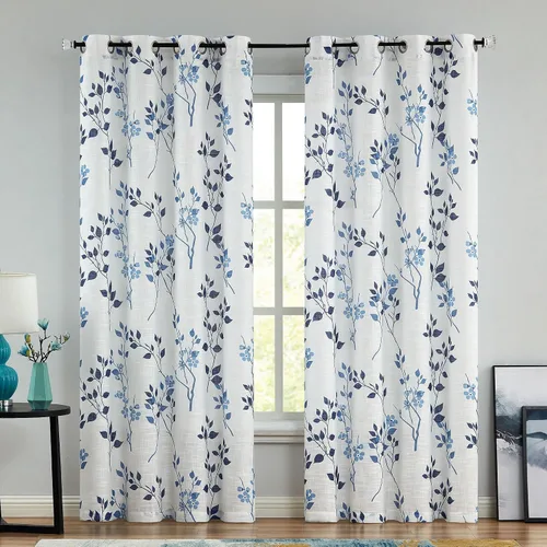 Vista 27 de Beauoop Juego de 2 cortinas semitransparentes de lino floral para sala de Clásico azul y gris