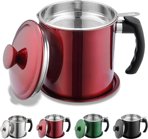 Vista 11 de Kyraton Contenedor de Grasa de Tocino con Colador, Recipiente de Aceite de Acero Inoxidable de 48 oz, Recipiente de Grasa de Olla con Tapa, Mango