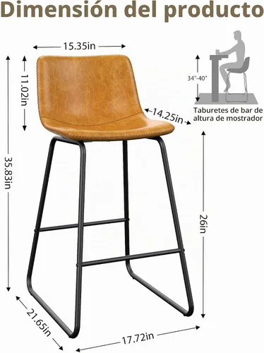 Vista 3 de Bar Stools Set of 2, 26 Inches Counter Height Barstools (Brown)