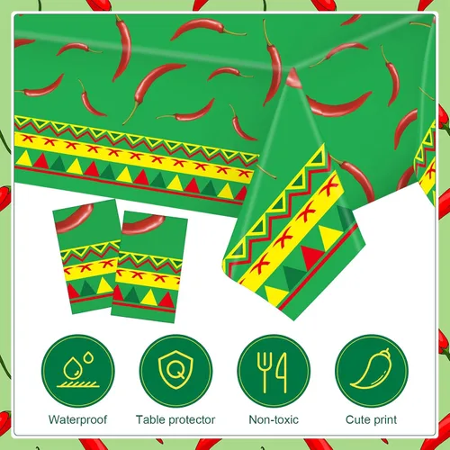 Vista 3 de Peryiter 4 piezas de decoración de fiesta de chile cocinero de 108 x 54 pulgadas, mantel de plástico para mesa rectangular, pimienta, suministros