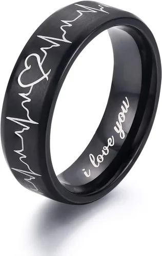 Vista 3 de Lavumo - Anillos de acero inoxidable a juego para promesa de boda de parejas, diseño con grabado de latidos del corazón y leyenda "I love you