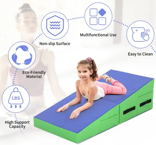 Vista 5 de BLKMTY Colchoneta de gimnasia inclinada de 48 x 24 pulgadas, tapete plegable con cuña de queso para niños, tapete de yoga para interiores