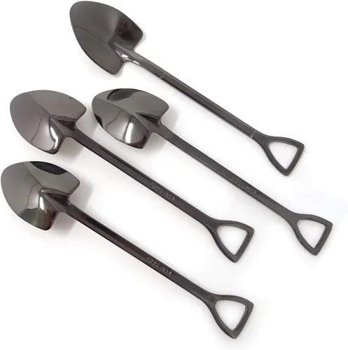 Vista 4 de Honbay 4 cucharas de postre de helado de café con forma de pala de oro de acero inoxidable para el hogar y fiesta (dorado) (negro)