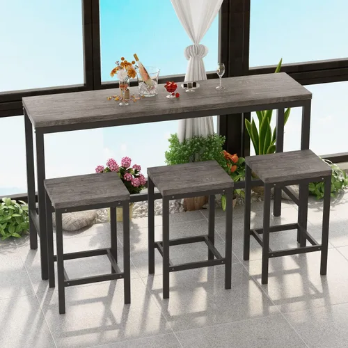 Vista 2 de Merax Juego de mesa de comedor extra larga de 4 piezas con 3 taburetes y reposapiés, mesa de comedor de cocina de diseño moderno, mesa de pub, juego
