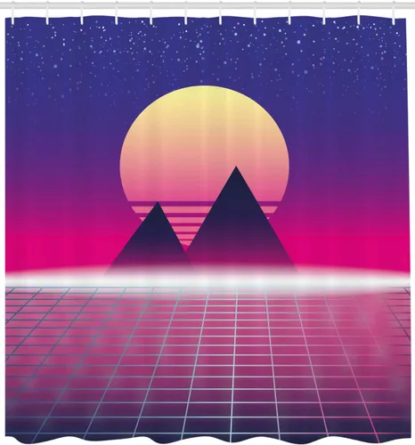 Vista 2 de Lunarable Disco Shower Curtain, Synthwave Theme of Pyramids Landscape, Cloth Fabric Bathroom Decor Set with Hooks, 69" W x 70" L, Multicolor