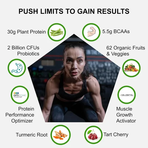 Vista 9 de Proteína vegana deportiva en polvo de chocolate, 20 porciones, 1.06 oz de proteína a base de plantas, VELOSITOL, BCAAs, verduras y frutas orgánicas
