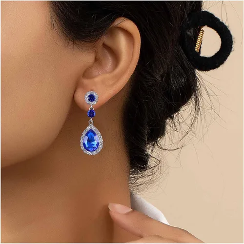 Vista 2 de Aretes de gota de cristal de zafiro vintage, aretes de zafiro en gota de agua, aretes de plata con diamantes de imitación azules, aretes de novia