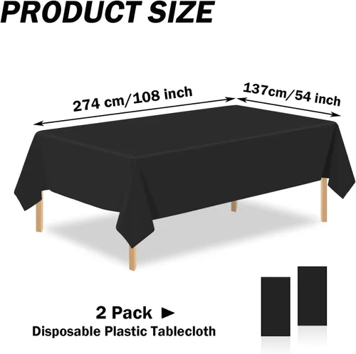 Vista 2 de Paquete de 2 manteles rectangulares desechables de plástico negro de 54 x 108 pulgadas, manteles de plástico negro para cumpleaños, bodas