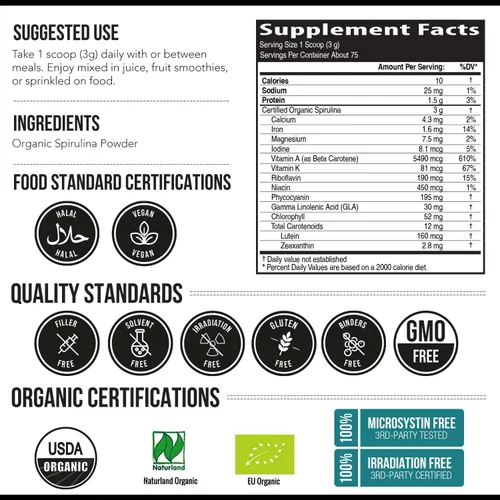 Vista 6 de Polvo de espirulina orgánica – Hecho con espirulina Parry®, conocida por su pureza superior y densidad de nutrientes – Agricultura vegana – No