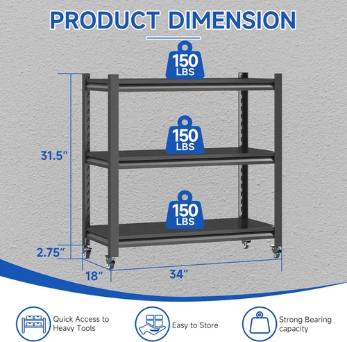 Vista 2 de Estantería de almacenamiento de garaje ajustable de 3 niveles, estante resistente con 4 ruedas, estantes de pie para garaje, hogar, despensa