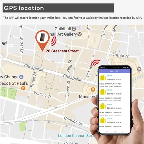 Vista 4 de SMART LB Monedero largo de cuero Bluetooth antipérdida con alarma, registro de posición (a través del teléfono GPS), funda plegable para múltiples