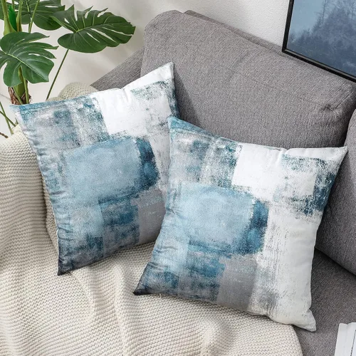 Vista 3 de OYIMUA Juego de 2 fundas de almohada azules de 16 x 16 pulgadas, modernas fundas de almohada abstractas azules y grises para sofá, fundas