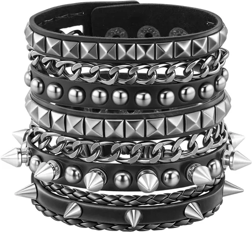 Vista 7 de Eigso Pulseras de cuero punk para hombres y mujeres, estilo retro de los años 80, hematita y rock, juego de pulseras de metal ajustables para hombre