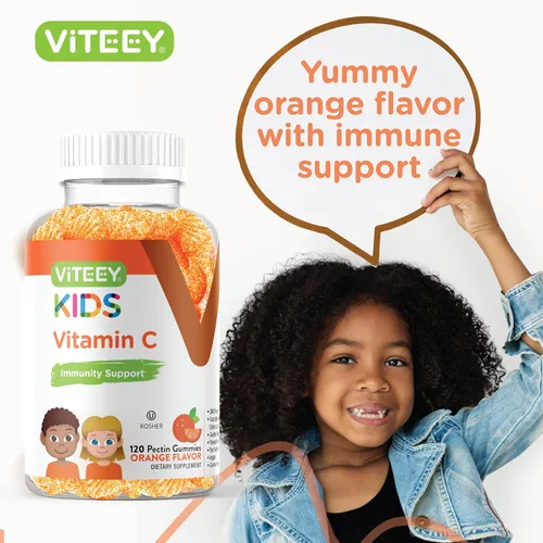 Vista 6 de Viteey Gomitas de vitamina C para niños, sabroso sabor a naranja masticable Apoyo inmunológico para niños, niños pequeños y adolescentes – Vegano