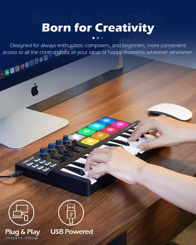 Vista 2 de Vangoa Controlador de Teclado MIDI 25 Teclas, Worlde Panda MINI Teclado USB Midi con Almohadillas de Percusión, Máquina Creadora de Ritmos, Negro