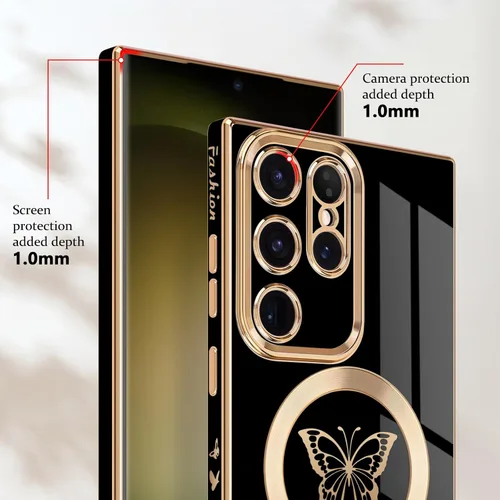 Vista 4 de Funda magnética para Samsung Galaxy S23 Ultra 5G, bonita funda de lujo con borde chapado de mariposa para mujeres, niñas y hombres, TPU suave, a