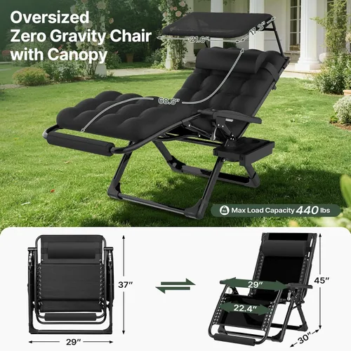 Vista 2 de Suteck Zero Gravity Chair with Canopy, 29In XL Oversized Lounge Chairs 29inch Black With Canopy