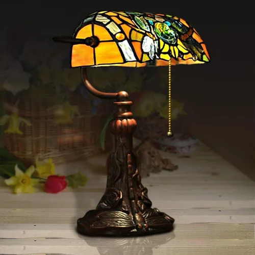 Vista 5 de Tiffany - Lámpara de mesa con vitrales para sala de estar, lámpara de piano con libélula lateral, pequeña de 15.5 pulgadas de alto, lámpara
