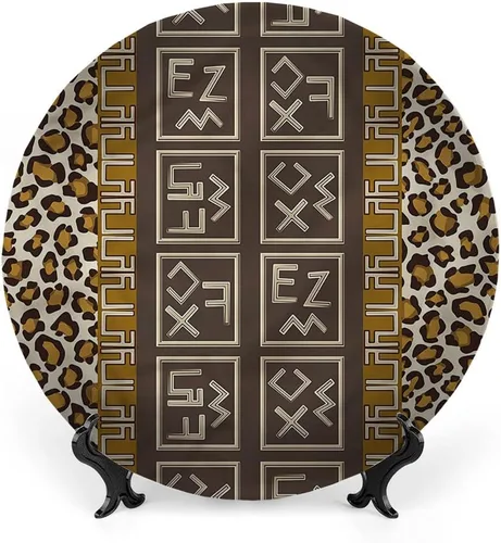 Vista 11 de Platos decorativos, adorno con estampado tribal, diseño de rayas estilo de cultura maya azteca, 6 pulgadas, 1 plato con 1 soporte de exhibición