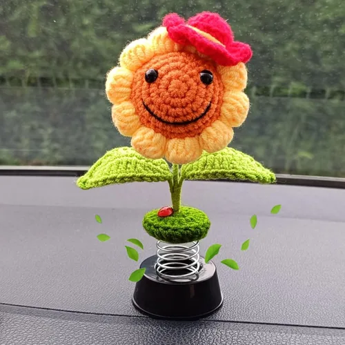 Vista 8 de Accesorios de girasol para automóvil, decoración de tablero de ganchillo, flores de sol sonriente agitadas, cabeza de bobblehead, decoración