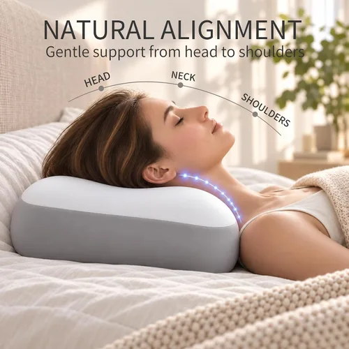 Vista 4 de Almohada cervical para el cuello, diseño ergonómico de espuma Para dormir de lado, espalda y estómago, soporte de cuello contorneado, funda de Gris