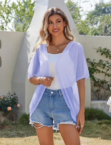 Vista 2 de CPOKRTWSO Cárdigan de verano para mujer, ligero, casual, de manga corta, traslúcido, para mujer, frente abierto (S-XL)