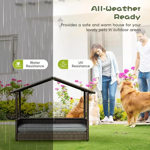 Vista 6 de WARCAT Casa de mimbre para perros, cama elevada para interiores y exteriores, para perros pequeños y medianos, con cojín extraíble, funda lavable