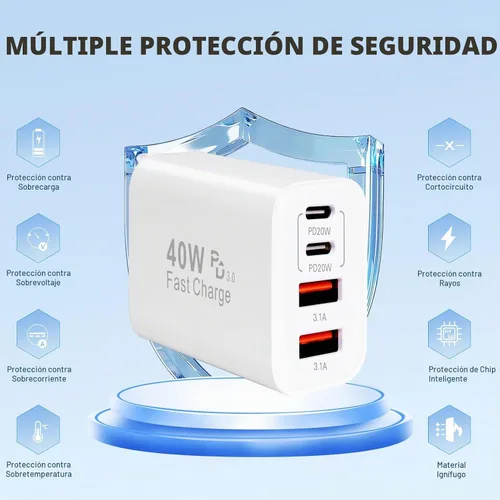 Vista 6 de iPhone 17 16 15 Cargador de carga rápida 40W 4 puertos USB C bloque